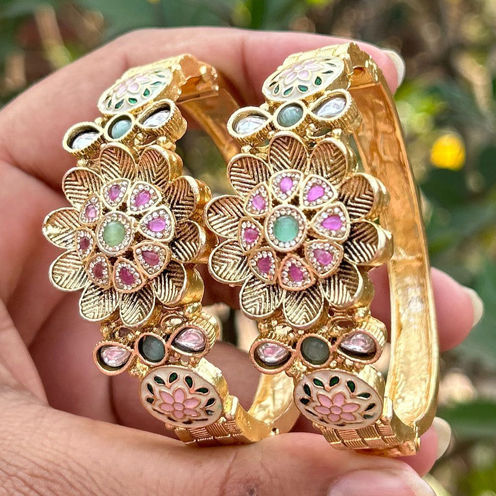 Neetu Art Gold Plated Pota Stone Meenakari  Openable Bangle Set