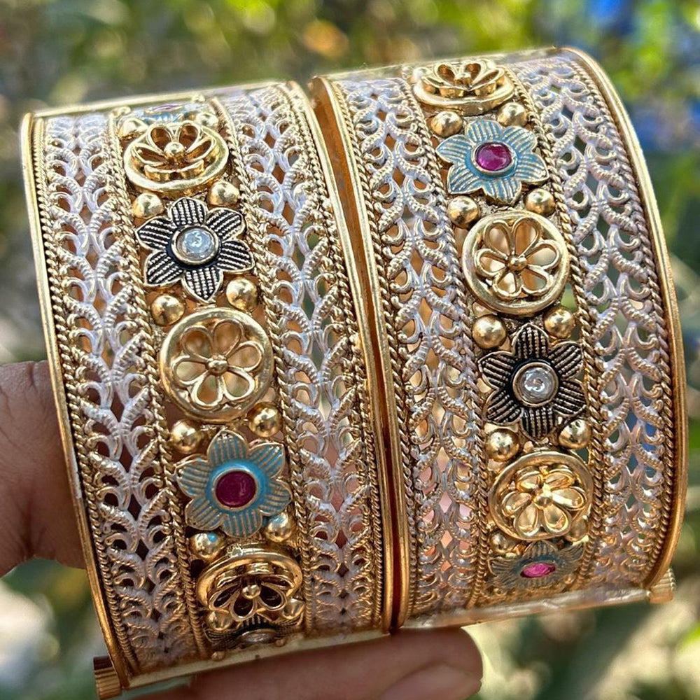 Neetu Art Gold Plated Pota Stone Meenakari  Openable Bangle Set