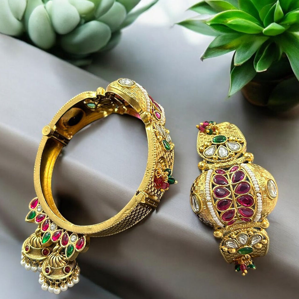 Neetu Art Gold Plated Pota Stone And Pearl Openable Bangle Set