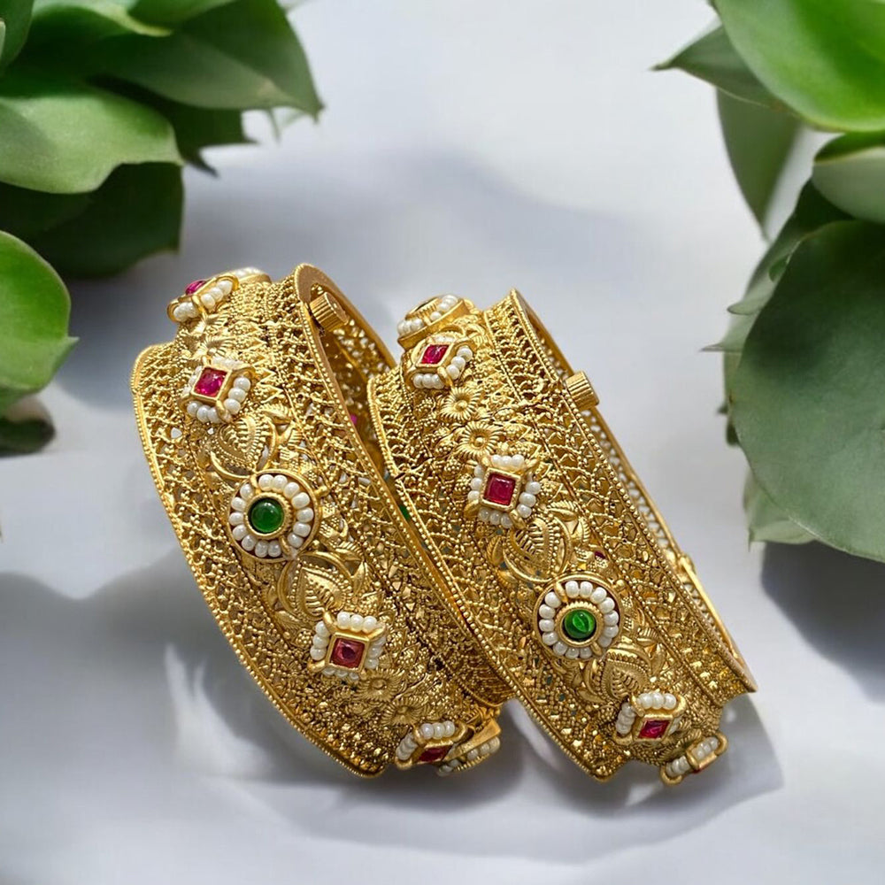 Neetu Art Gold Plated Pota Stone And Pearl Openable Bangle Set
