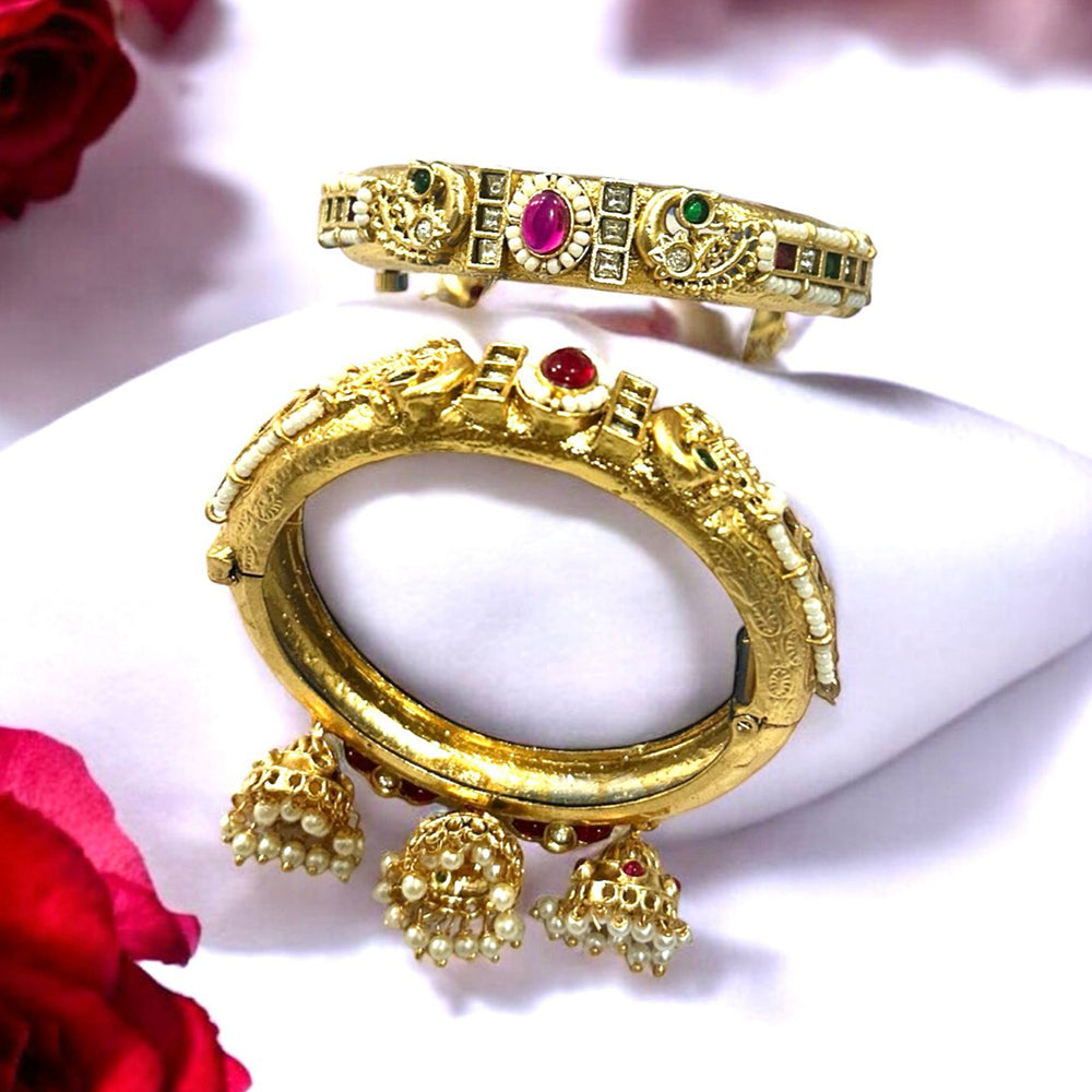 Neetu Art Gold Plated Pota Stone And Pearl Openable Bangle Set
