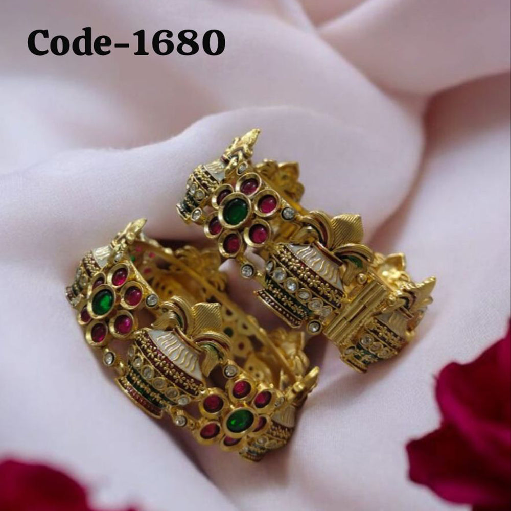 Neetu Art Gold Plated Pota Stone And Meenakari Openable Bangle Set