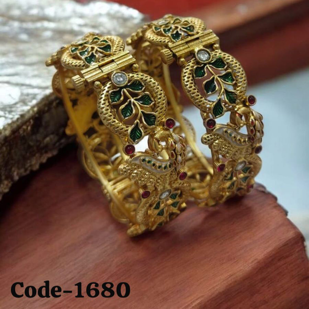 Neetu Art Gold Plated Pota Stone And Meenakari Openable Bangle Set