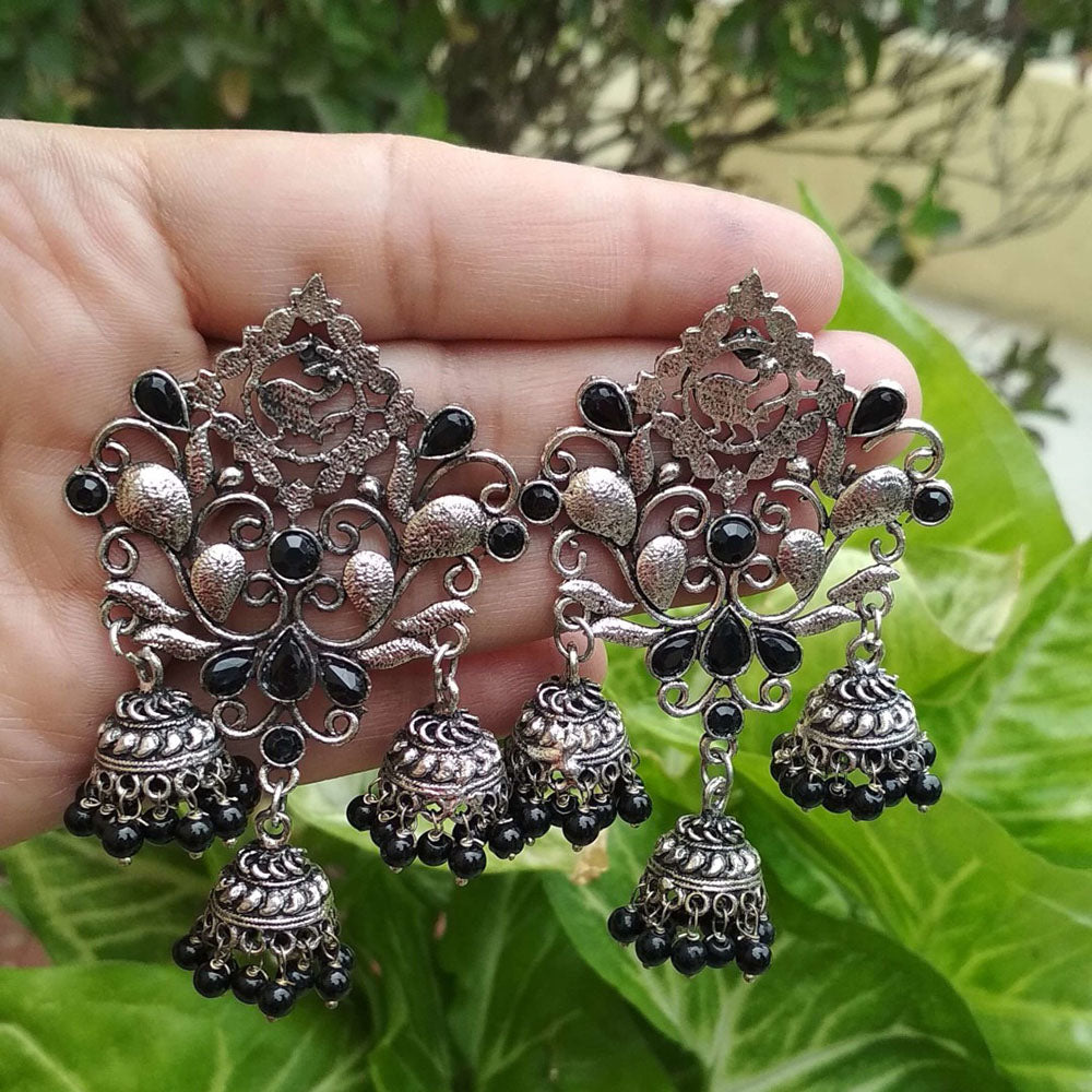 Bevy Pearls Vintage Oxidised Finish Pota Stone And Pearl Jhumkis Earrings (Pack of 3)