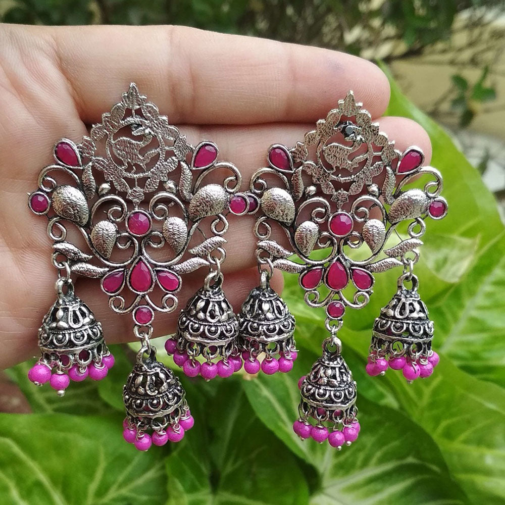 Bevy Pearls Vintage Oxidised Finish Pota Stone And Pearl Jhumkis Earrings (Pack of 3)