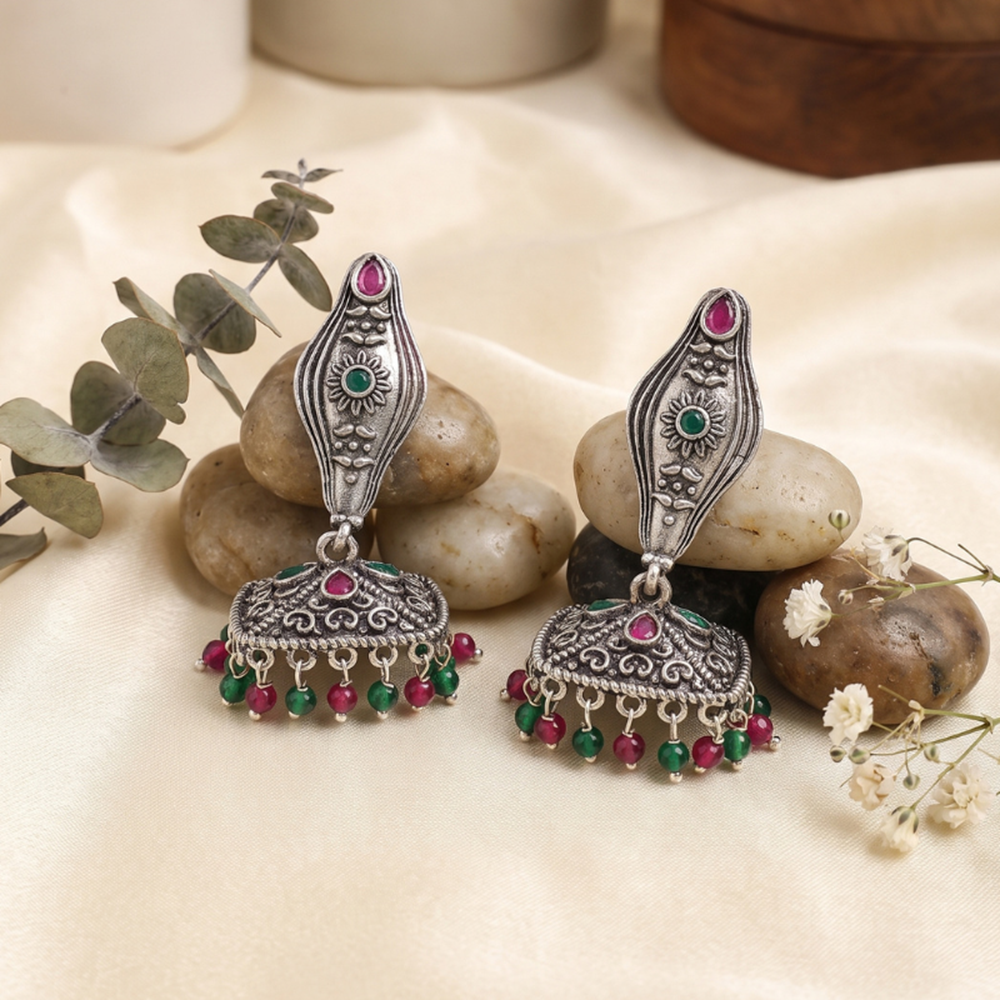 Wearhouse Fashion Oxidised Plated Pota Stone And Pearl Jhumki Earrings