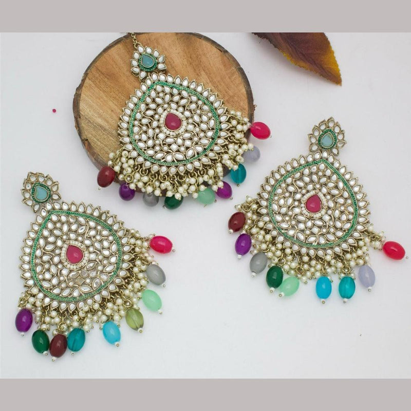 Manisha Jewellery Gold Plated Kundan Stone And Beads Earrings With Maangtikka