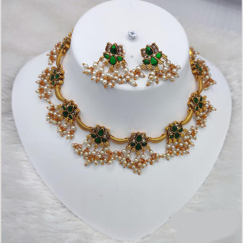 Manisha Jewellery Gold Plated Lotus Shape Pota Stone And Pearls Necklace Set