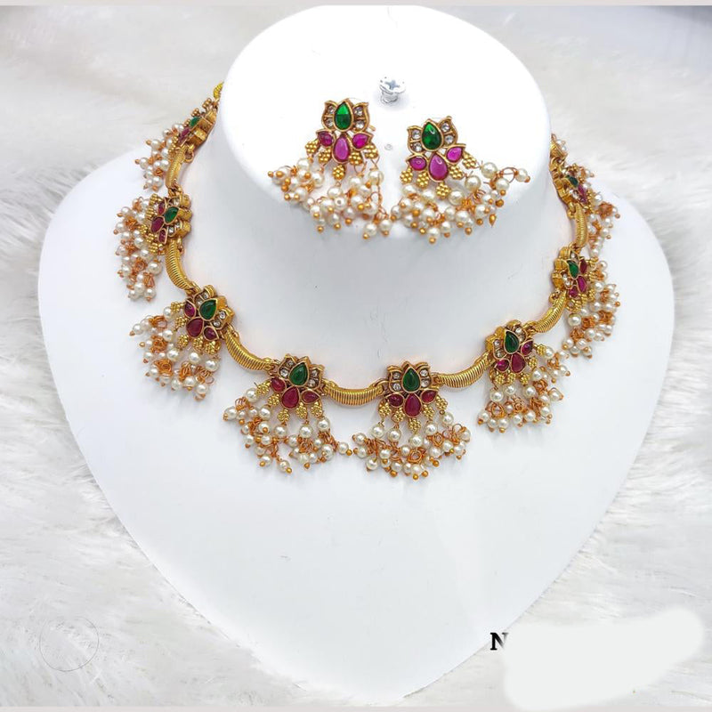 Manisha Jewellery Gold Plated Lotus Shape Pota Stone And Pearls Necklace Set