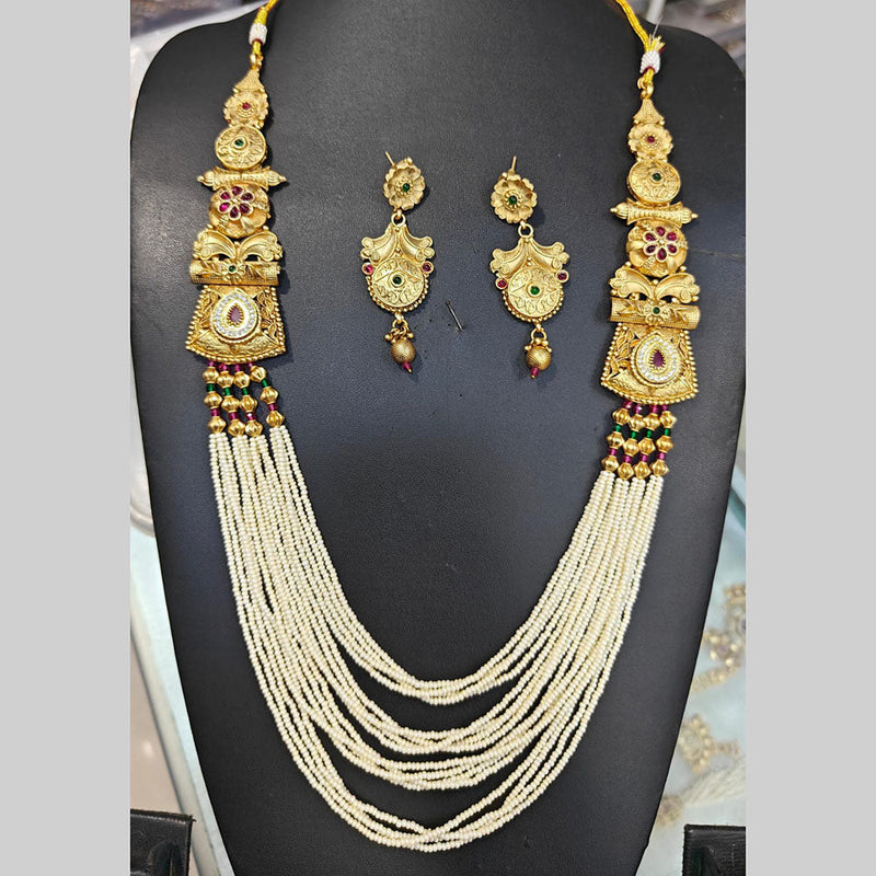 Manisha Jewellery Gold Plated Pota Stone And Pearls Long Necklace Set