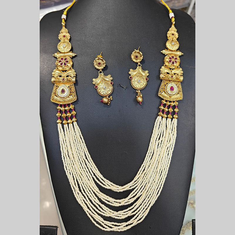 Manisha Jewellery Gold Plated Pota Stone And Pearls Long Necklace Set