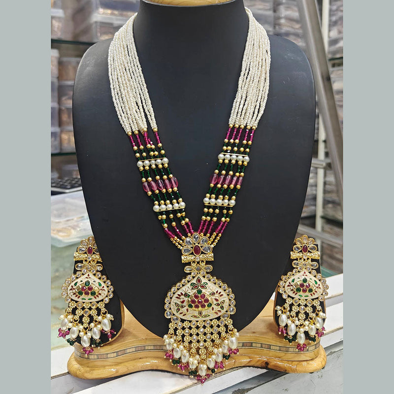 Manisha Jewellery Gold Plated Pota Stone And Pearls Meenakari Long Necklace Set