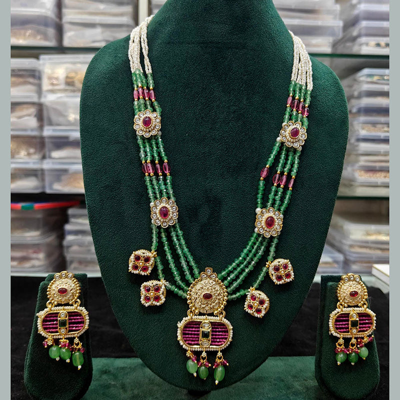 Manisha Jewellery Gold Plated Pota Stone And Pearls Meenakari Long Necklace Set