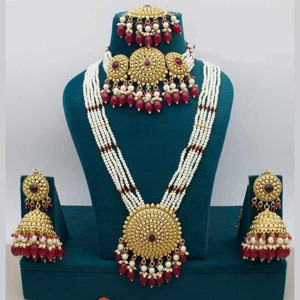 Manisha Jewellery Gold Plated Pota Stone And Pearls Double Necklace Set