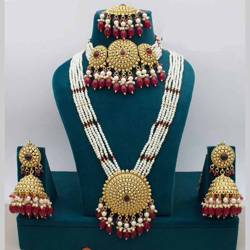 Manisha Jewellery Gold Plated Pota Stone And Pearls Double Necklace Set