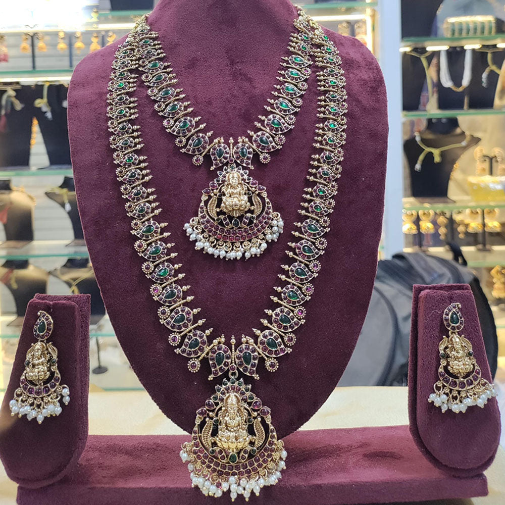 Manisha Jewellery Gold Plated Pota Stone And Pearls Temple Double Necklace Set