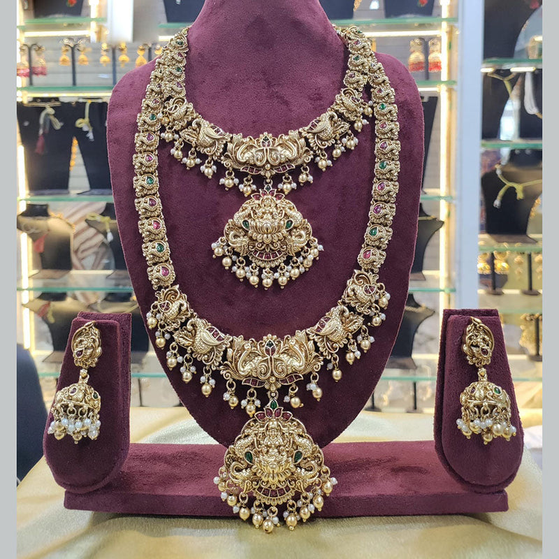 Manisha Jewellery Gold Plated Pota Stone And Pearls Temple Double Necklace Set