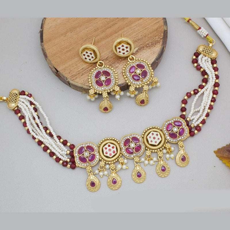 Manisha Jewellery Gold Plated Pota Stone And Pearls Choker Necklace Set