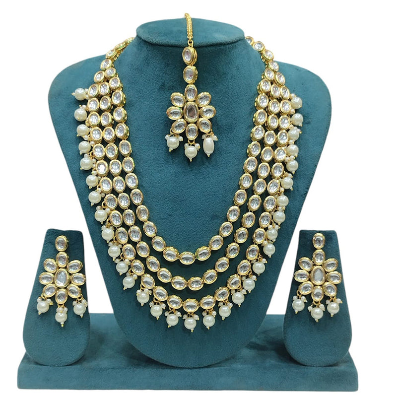 Manisha Jewellery Gold Plated Kundan Stone And Beads Multi Layer Long Necklace Set