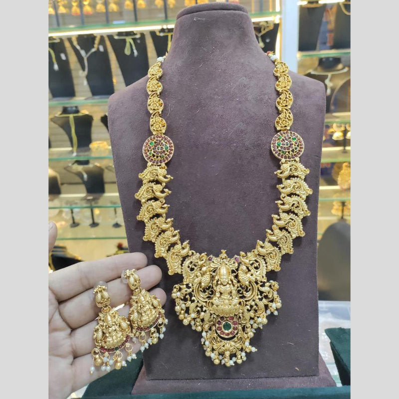 Manisha Jewellery Gold Plated Pota Stone And Pearls Temple Long Necklace Set