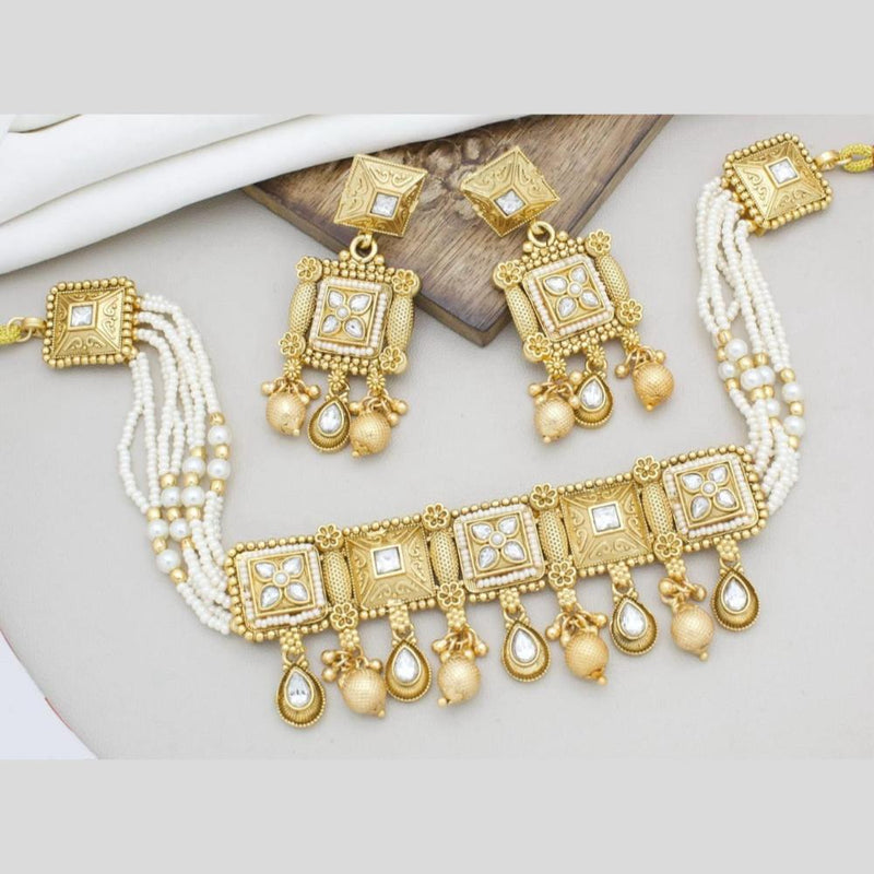 Manisha Jewellery Gold Plated Pota Stone And Pearls Choker Necklace Set