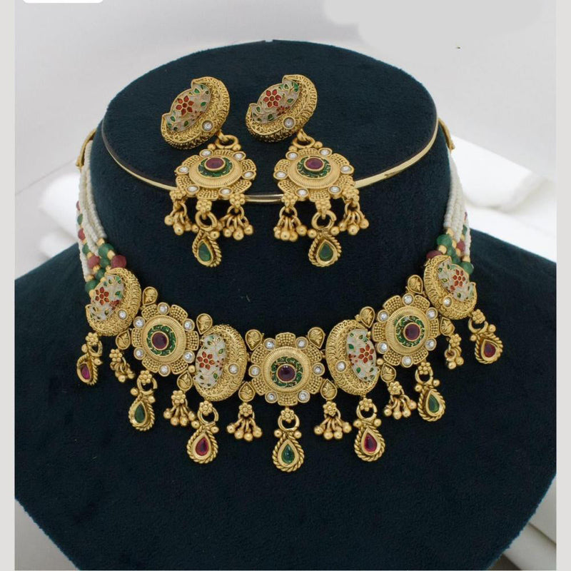 Manisha Jewellery Gold Plated Pota Stone And Beads Meenakari Necklace Set