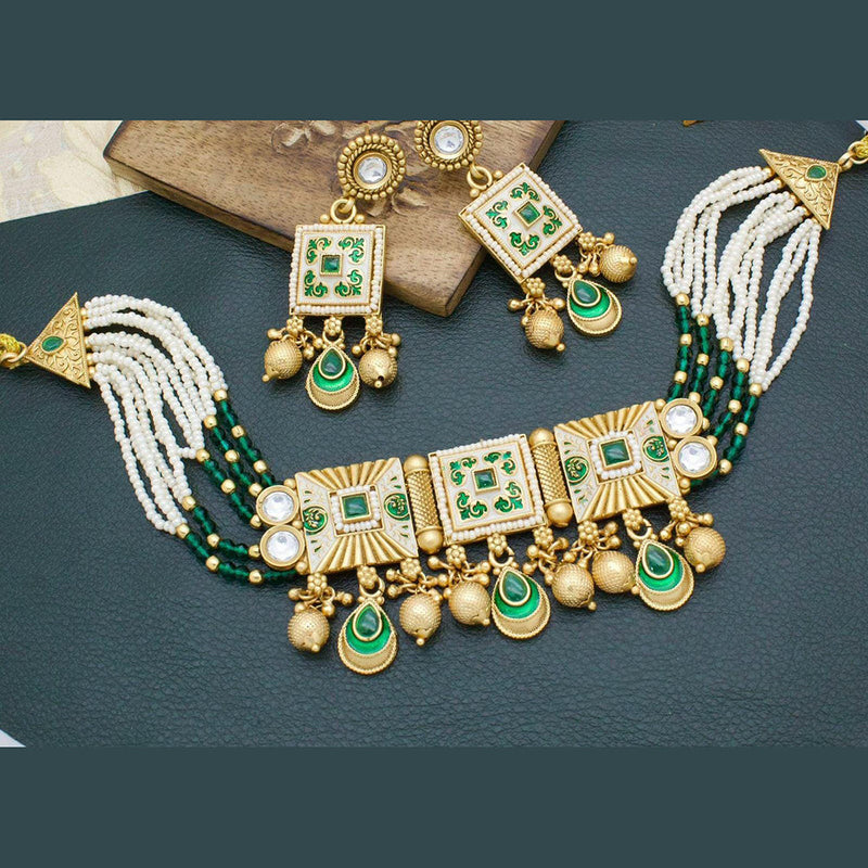 Manisha Jewellery Gold Plated Kundan Stone And Pearls Meenakari Choker Necklace Set