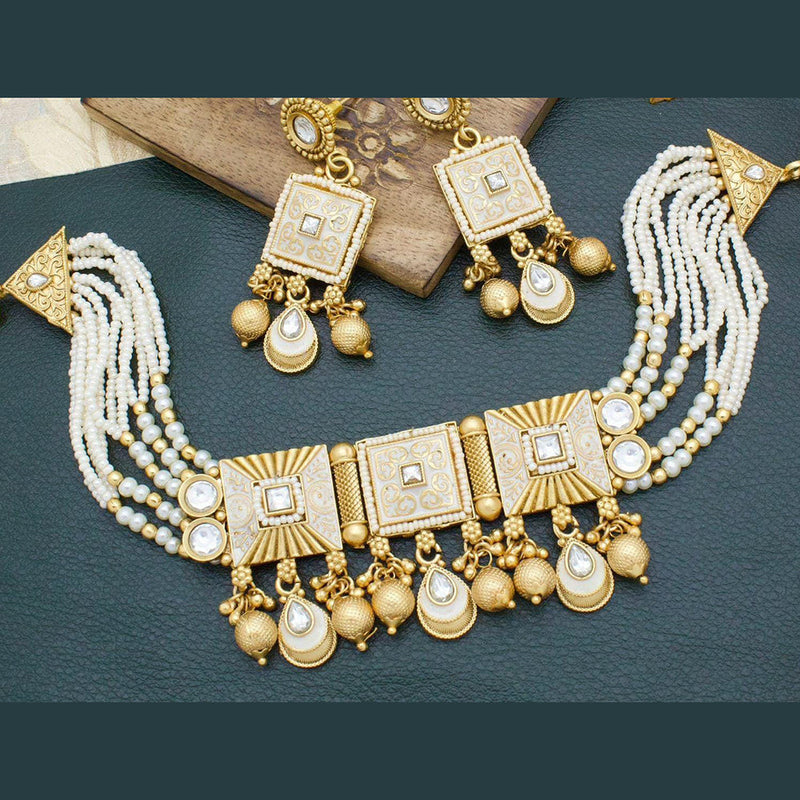 Manisha Jewellery Gold Plated Kundan Stone And Pearls Meenakari Choker Necklace Set