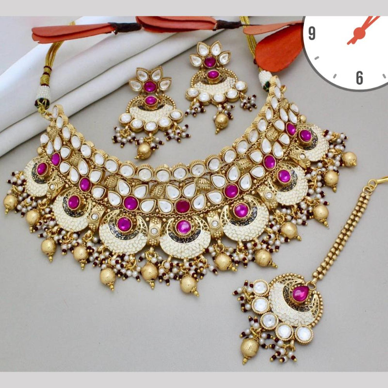 Manisha Jewellery Gold Plated Pota Stone And Pearls Meenakari Choker Necklace Set