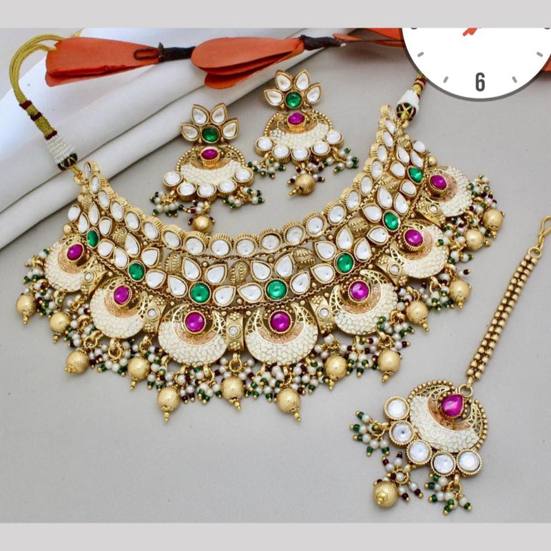 Manisha Jewellery Gold Plated Pota Stone And Pearls Meenakari Choker Necklace Set