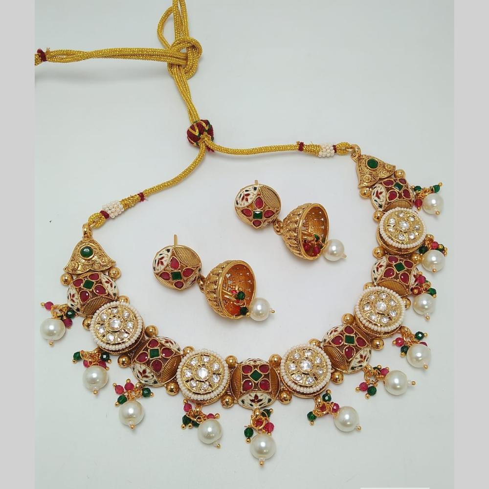 Manisha Jewellery Gold Plated Pota Stone And Meenakari  Necklace Set