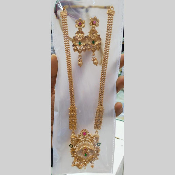 Manisha Jewellery Gold Plated Pota Stone And Pearls Meenakari Long Necklace Set