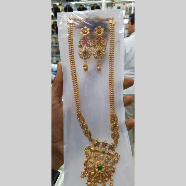 Manisha Jewellery Gold Plated Pota Stone And Pearls Long Necklace Set