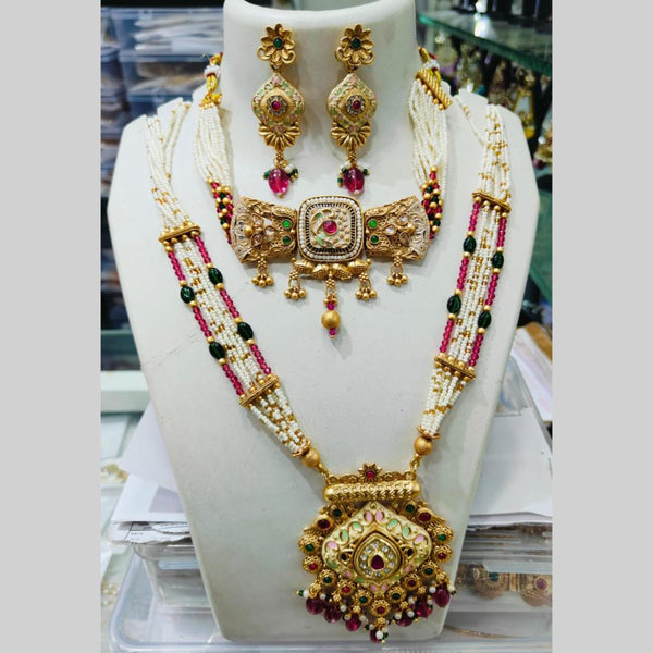 Manisha Jewellery Gold Plated Pota Stone And Meenakari Double Necklace Set