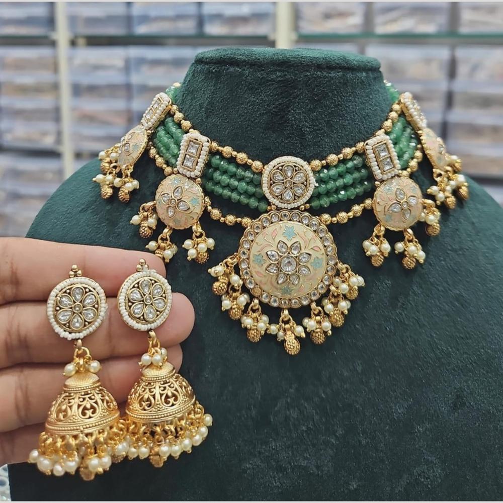 Manisha Jewellery Gold Plated Pota Stone And Pearls Meenaakri Choker Necklace Set