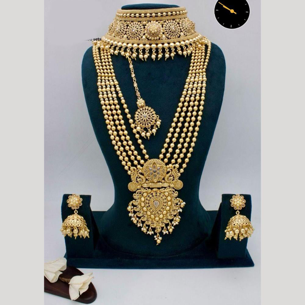 Manisha Jewellery Gold Plated Pota Stone And Pearls Double Necklace Set