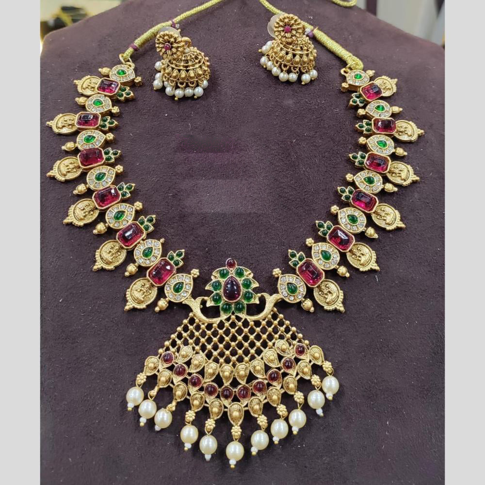 Manisha Jewellery Gold Plated Pota Stone And Pearls Temple Necklace Set