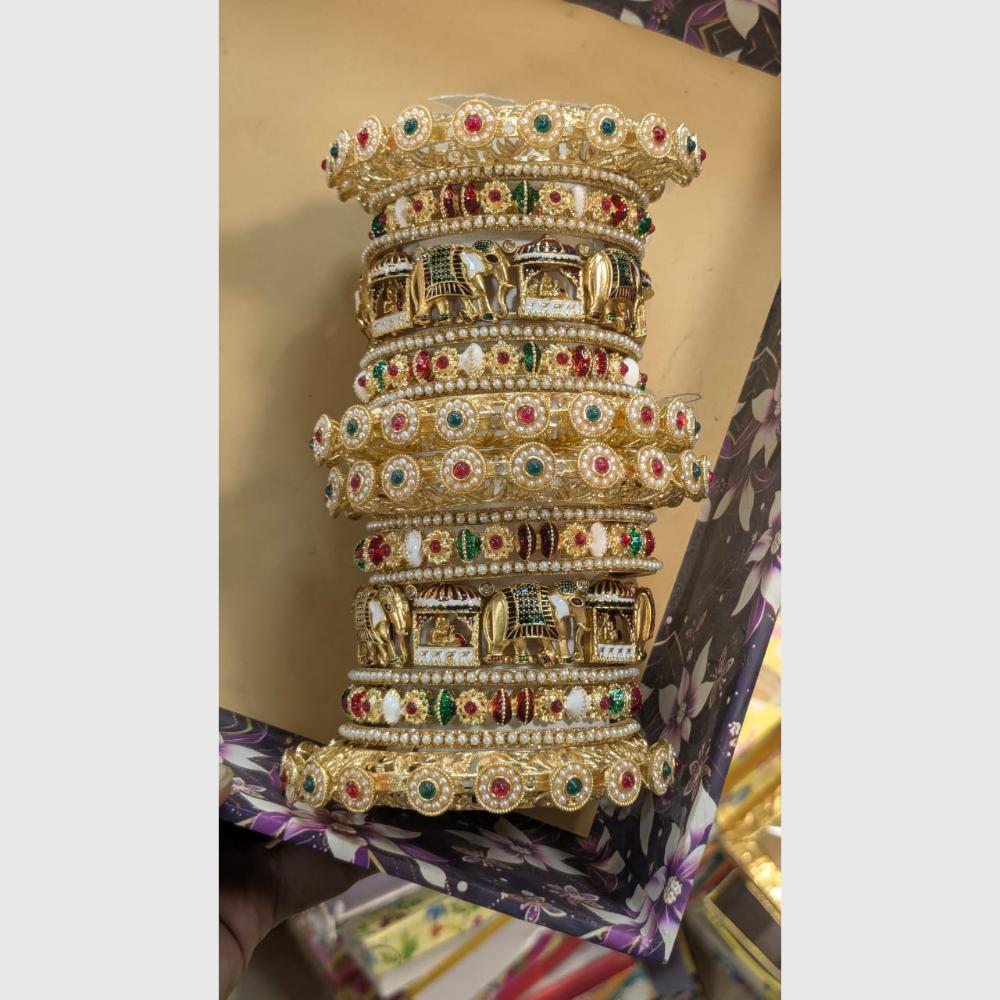 Manisha Jewellery Gold Plated Pota and Meenakari Green & Pink Elephant Bangles Set