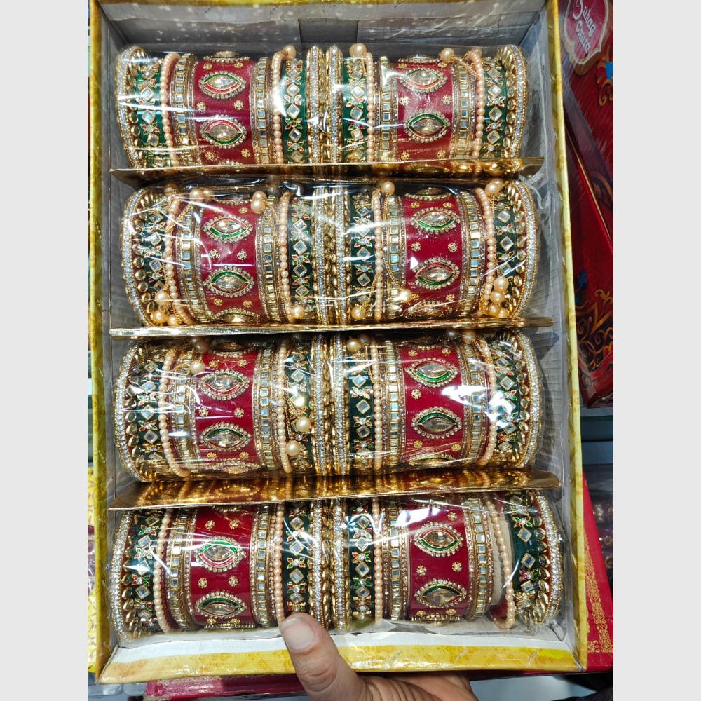 Manisha Jewellery Gold Plated With Green & Pink Crystals and Pearl Bangles Set