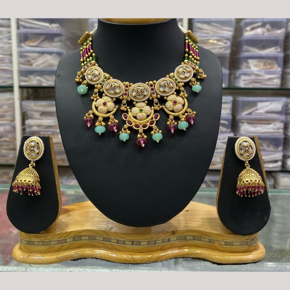 Manisha Jewellery Gold Plated Green & Pink Colors Kundan & Beads Traditional Necklace Set