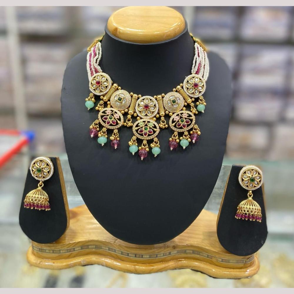 Manisha Jewellery Gold Plated Green & Pink Colors Kundan & Beads Traditional Necklace Set
