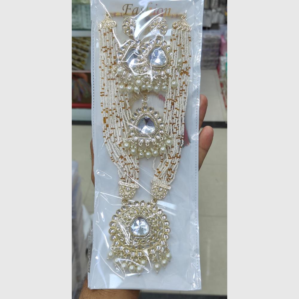 Manisha Jewellery Traditional Gold Plated White Kundan & Pearls Long Necklace Set