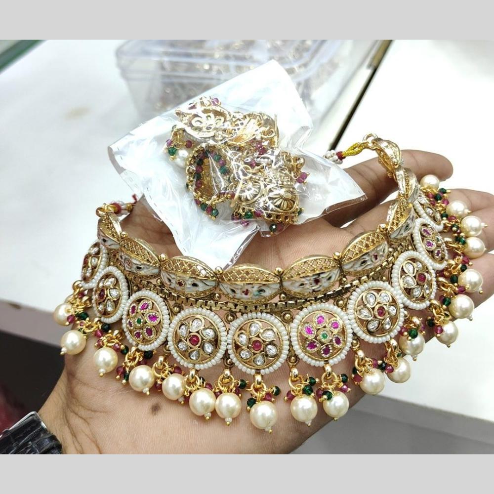 Manisha Jewellery Gold Plated Designer  Pota And Kundan Meenakari Choker Necklace Set