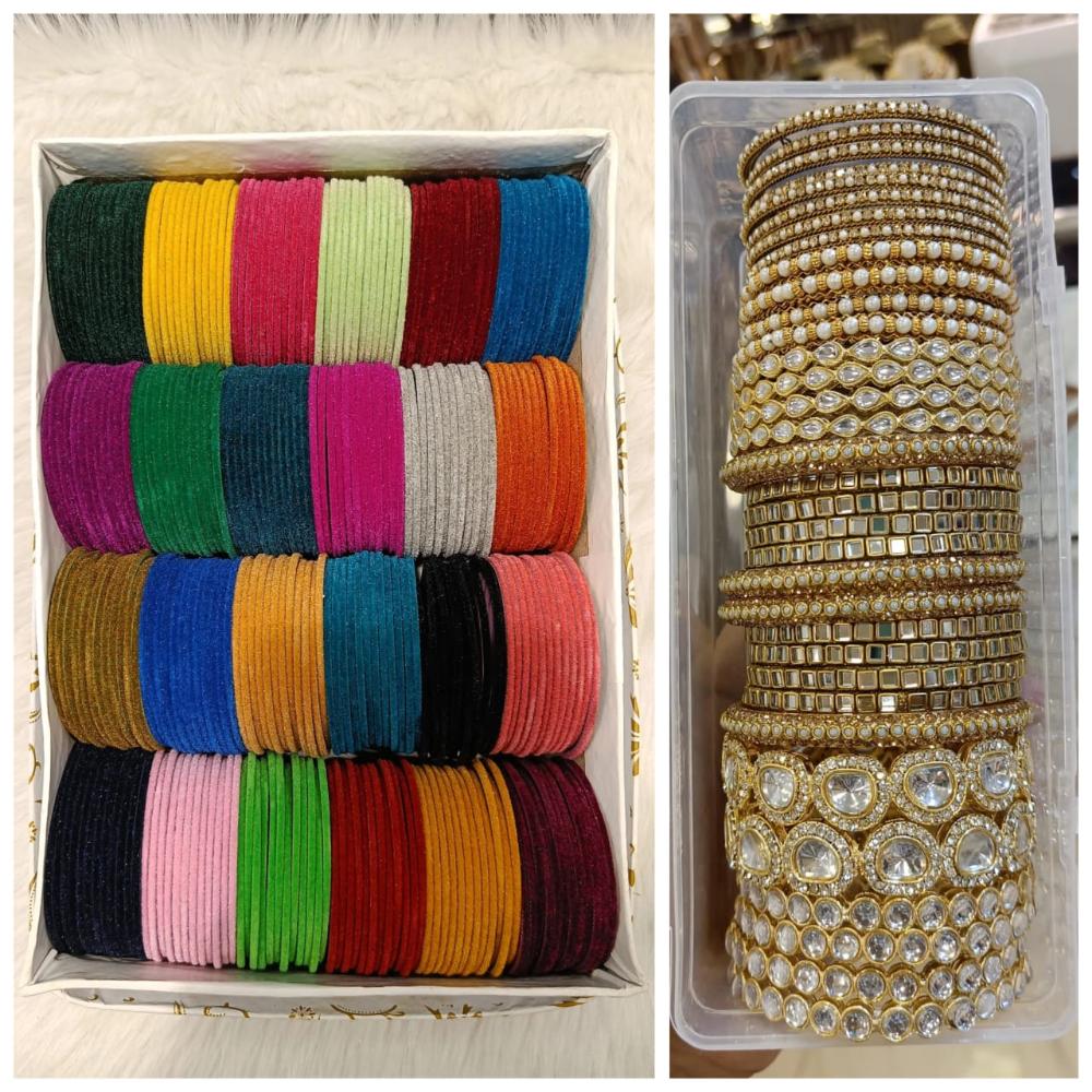 Manisha Jewellery Gold Plated Mirror And Pearl Velvet Bangles Set