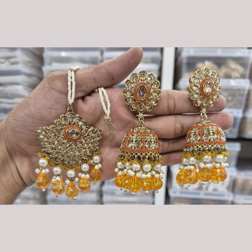 Manisha Jewellery Gold Plated Crystal Stone And Beads Jhumki Earrings With Maangtikka