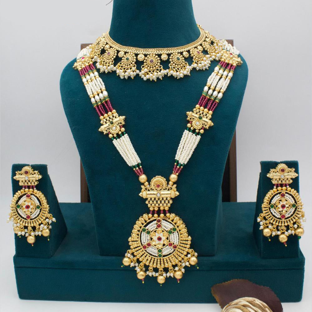 Manisha Jewellery Gold Plated Pota Stone And Pearl Double Necklace Set