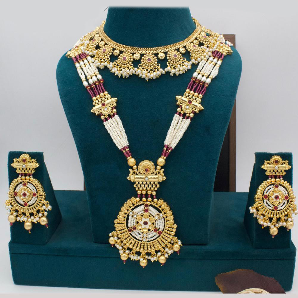 Manisha Jewellery Gold Plated Pota Stone And Pearl Double Necklace Set