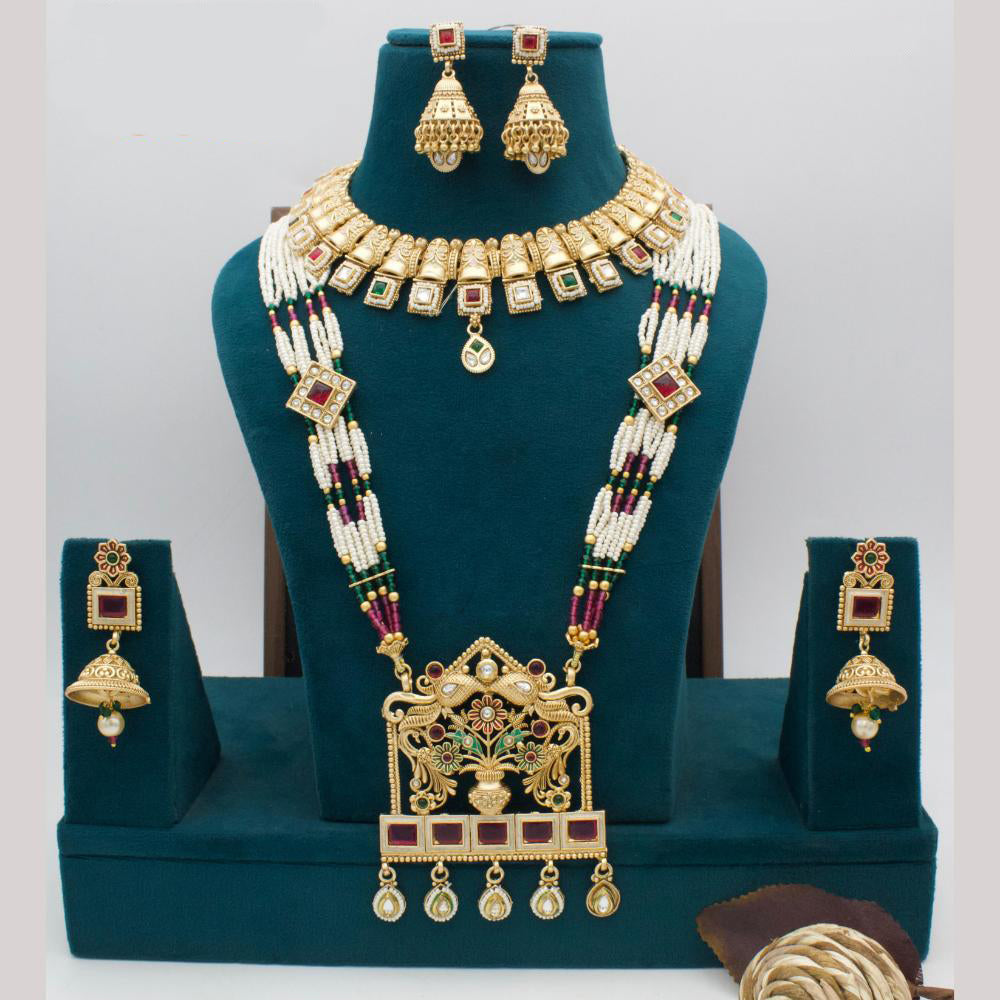 Manisha Jewellery Gold Plated Pota Stone And Pearl Double Necklace Set