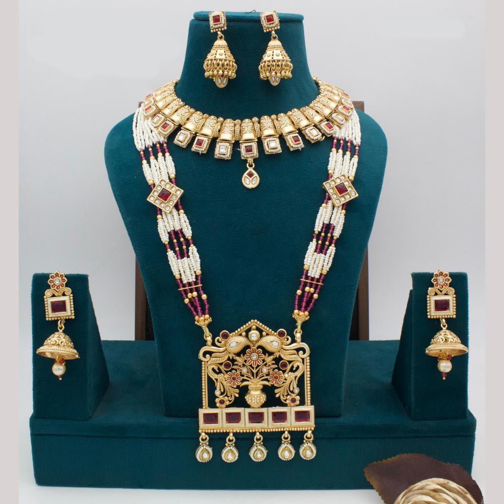 Manisha Jewellery Gold Plated Pota Stone And Pearl Double Necklace Set