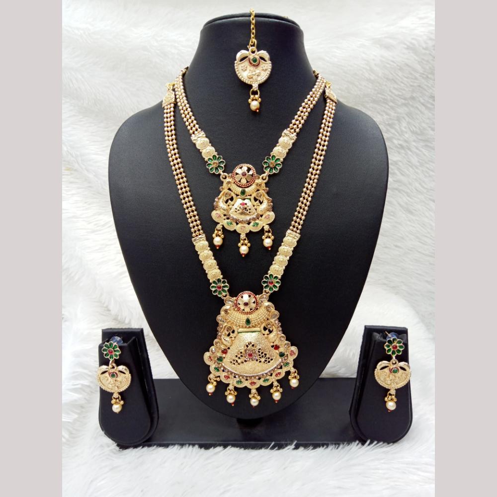 Manisha Jewellery Gold Plated Pota Stone And Pearl Double Necklace Set